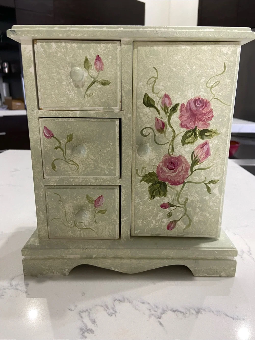 Vintage Sankyo Wood Musical Jewelry Box Armoire – Hand-Painted Pink Roses